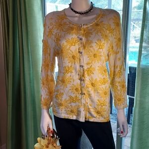 Beaded & Embroidered Yellow Flowered Cardigan Sweater By Just B. Sz. L.